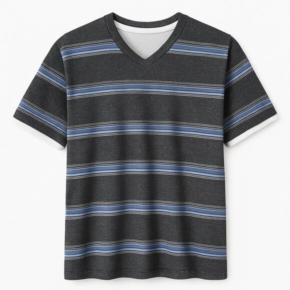 👕 Method Striped V-Neck Tee | Gray & Blue | Size L - Picture 1 of 6